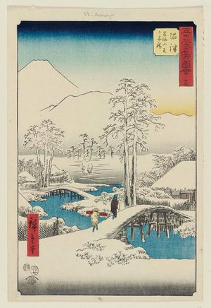 Utagawa Hiroshige: No. 13, Numazu: Fuji in Clear Weather after Snow, from the Ashigara Mountains (Numazu, Ashigarayama Fuji no yukibare), from the series Famous Sights of the Fifty-three Stations (Gojûsan tsugi meisho zue), also known as the Vertical Tôkaidô - Museum of Fine Arts