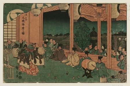 Japanese Print "Shinmei Shrine at Shiba: Sacred Dance at the Shrine at Dawn on New Year's Day (Shiba Shinmei, Gogû gengyô kagura no zu), from the series Famous Places in the Eastern Capital (Tôto meisho)" by Utagawa Hiroshige, 歌川広重 (Utagawa Hiroshige I)