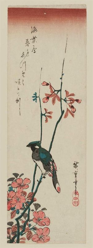 日本版画 "Oriole on Aronia Branch" 由 Utagawa Hiroshige, 歌川広重 (Utagawa Hiroshige I) 创作