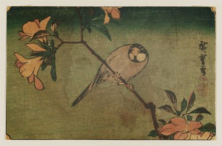 日本版画 "Peach Blossoms and Bullfinch" 由 Utagawa Hiroshige, 歌川広重 (Utagawa Hiroshige I) 创作