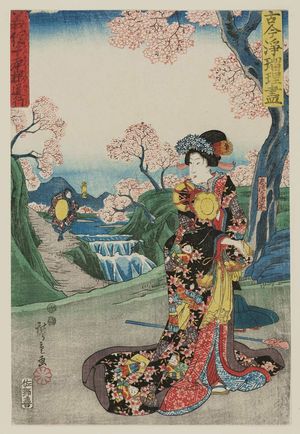 歌川広重: Shizuka Gozen and Tadanobu in Yoshitsune Senbonzakura Michiyuki, from the series A Collection of Plays Old and New (Kokon Jôruri zukushi) - ボストン美術館