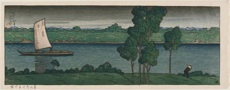 Japanese Print "The Furukawa River Embankment at Dusk (Kure yuku Furukawa-zutsumi)" by Kawase Hasui, 川瀬巴水 (Kawase Hasui)