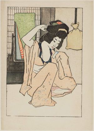 Tobari Kogan: Woman in pink kimono doing her hair - Museum of Fine Arts