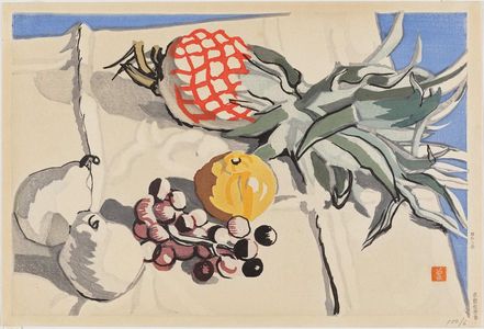 Yasui Sôtarô: Pineapple, grapes, pears and an orange. Arrangement on a white cloth against blue background - Museum of Fine Arts