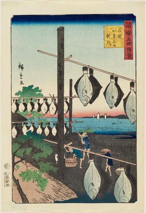 Utagawa Hiroshige II: Drying Flounder in Wakasa Province (Wakasa karei o seisu), from the series One Hundred Famous Views in the Various Provinces (Shokoku meisho hyakkei) - Museum of Fine Arts