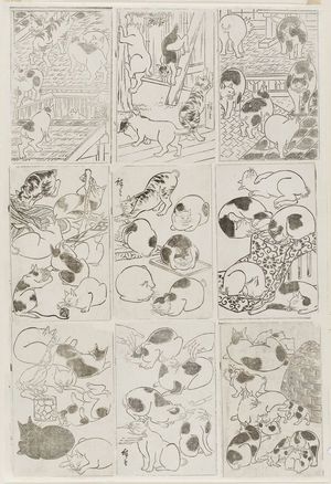 三代目歌川広重: Nine small sheets depicting cats in various positions - ボストン美術館