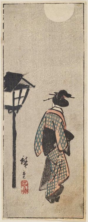 Utagawa Hiroshige: Woman Walking Past Lantern, from an untitled harimaze sheet - Museum of Fine Arts