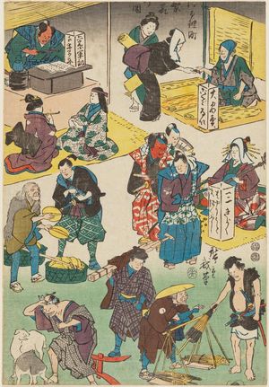 Utagawa Hiroshige: Characters from Plays as Merchants and Customers, from the series Flourishing Business in Balladtown (Jôruri-machi hanka no zu) - Museum of Fine Arts