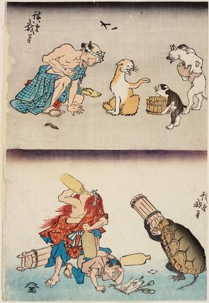 Utagawa Hiroshige: Sick Man and Dogs (above); Turtle and Shojo Stealing Sake (below) - Museum of Fine Arts