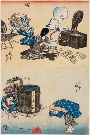 Utagawa Hiroshige: Vegetables Applying Makeup (top); Playing a Trick on a Nearsighted Man (bottom) - Museum of Fine Arts