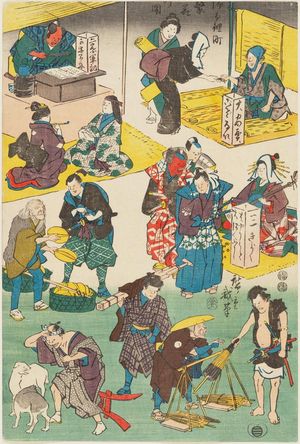 Utagawa Hiroshige: Characters from Plays as Merchants and Customers, from the series Flourishing Business in Balladtown (Jôruri-machi hanka no zu) - Museum of Fine Arts