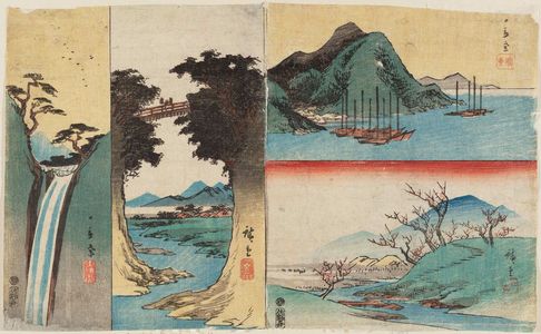 Utagawa Hiroshige: Harimaze sheet with four landscapes: Harbor with Boats (top right), Plum Garden at Sugita (bottom right), Monkey Bridge (center left), Waterfall (left) - Museum of Fine Arts