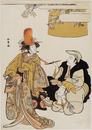 勝川春章: Actors Bando Mitsugoro as O-tatsu and Ichikawa Danjuro V and Ichikawa Monnosuké II as monks - ボストン美術館
