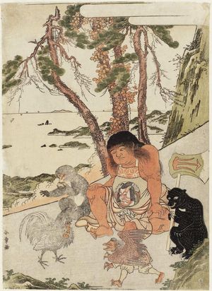 勝川春章: Kintaro with Bear and Monkey Watching a Rooster and Tengu Fight - ボストン美術館