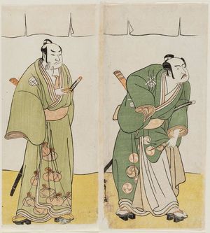 勝川春章: Actors Nakamura Sukegorô II as Kaminari Shôkurô (R) and Sakata Hangorô II as Hotei Ichiemon (L) - ボストン美術館