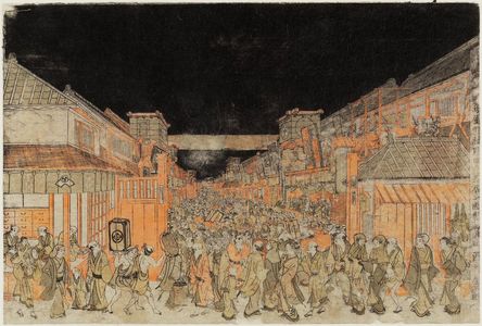 Utagawa Toyoharu: Perspective View of the Theaters in Sakai-chô and Fukiya-chô on Opening Night (Uki-e Sakai-chô Fukiya-chô kaomise yo shibai no zu) - Museum of Fine Arts