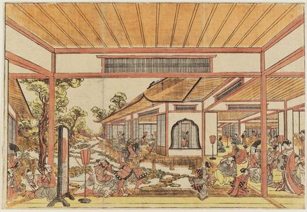 歌川豊春: Perspective Picture of the Armor-pulling Scene (Kusazuribiki) from the Tale of the Soga Brothers - ボストン美術館