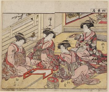 北尾重政: 4 beauties seated, reading, writing and talking. Book illustration: Seiro Bijin Awase Sugata Kagami - vol. of 
