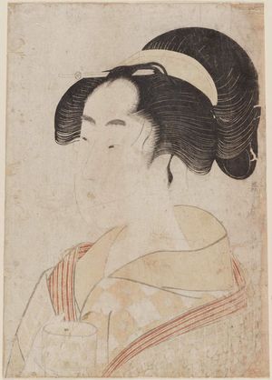 喜多川歌麿: Large head of a girl holding a cup. - ボストン美術館