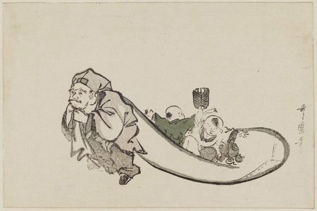 Kitagawa Utamaro: Daikoku pulling a bag supporting children - Museum of Fine Arts