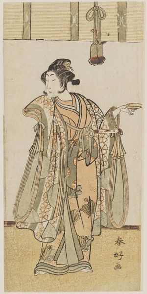 勝川春好: Actor dressed as female holding sake cups in extended hand - ボストン美術館