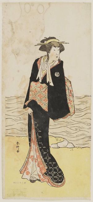 勝川春好: Actor dressed as female standing near river - ボストン美術館