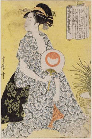 Kitagawa Utamaro: Woman in Summer Kimono, from the series New Patterns of Brocade Woven in Utamaro Style (Nishiki-ori Utamaro-gata shin-moyô) - Museum of Fine Arts