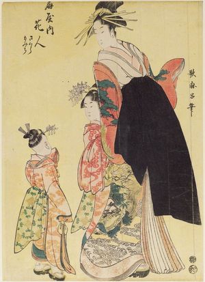 喜多川歌麿: Hanabito of the Ôgiya, kamuro Sakura and Momiji - ボストン美術館