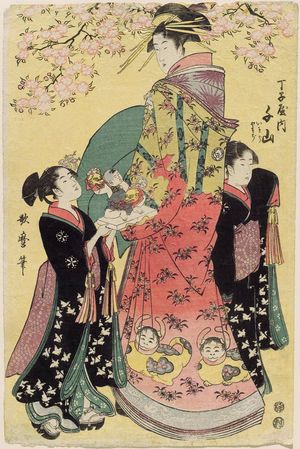 喜多川歌麿: Senzan of the Chôjiya, kamuro Isoji and Yasoji - ボストン美術館