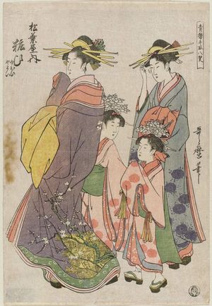 Kitagawa Utamaro: Yosooi of the Matsubaya, kamuro Nioi and Yayoi, from the series Eight Views of Clever Tricks in the Pleasure Quarters (Seirô tedori hakkei) - Museum of Fine Arts