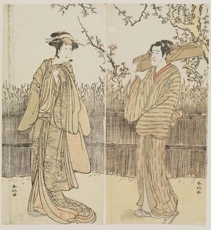 勝川春好: Actors Ichikawa Komazo as Hisamatsu (R) and Ichikawa Monnosuke as Osome (L) - ボストン美術館