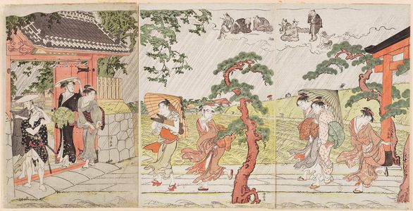 鳥居清長: A Sudden Shower at the Mimeguri Inari Shrine - ボストン美術館
