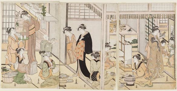勝川春潮: Preparing the Seven Herbs (Nanakusa) on the Seventh Day of New Year - ボストン美術館