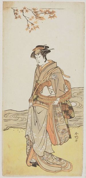 勝川春好: Actor dressed as female walking beside river carrying basket - ボストン美術館