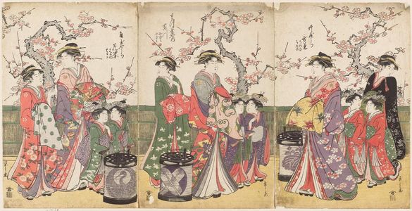 Hosoda Eishi: Courtesans Parading under Cherry Blossoms: Utagiku of the Takeya, kamuro Utagi and Utano; Tomikawa of the Matsubaya, kamuro Onami and Menami; Hanamurasaki of the Kado-Tamaya, kamuro Hanano and Haruno - Museum of Fine Arts