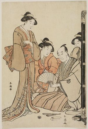 Katsukawa Shun'ei: Actor Sawamura Sôjûrô III (by Shun'ei) Inscribing a Fan for Three Women (by Shunchô) - Museum of Fine Arts