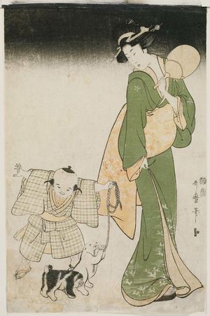 Kitagawa Utamaro: Mother and Child with Two Puppies on a Summer Night - Museum of Fine Arts