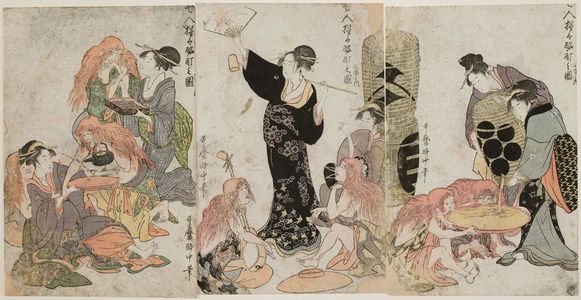 Kitagawa Utamaro: Seven Drunken Shôjô, a Triptych (Shichinin shôjô meitei no zu, sanpuku no uchi) - Museum of Fine Arts