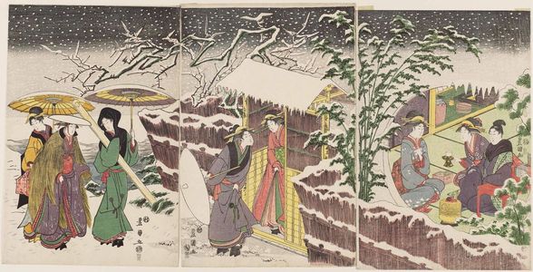 Utagawa Toyokuni I: Women Under a Gate in the Snow - Museum of Fine Arts