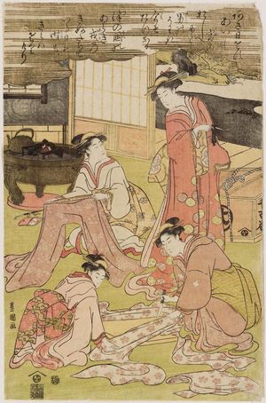 Utagawa Toyokuni I: Women dress-making, measuring and cutting cloth - Museum of Fine Arts