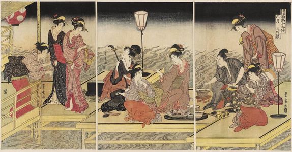 歌川豊広: The Sixth Month, a Triptych (Rokugatsu, sanmaitsuzuki), from the series Twelve Months by Two Artists, Toyokuni and Toyohiro (Toyokuni Toyohiro ryôga jûnikô) - ボストン美術館
