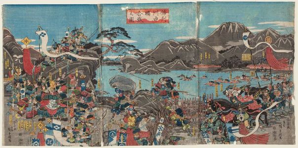 日本版画 "The Battle of Kawanakajima in Shinano Province (Shinshû Kawanakajima kassen no zu)" 由 Utagawa Hiroshige, 歌川広重 (Utagawa Hiroshige I) 创作