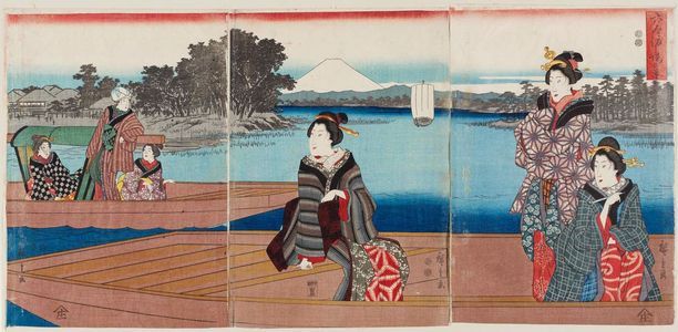 日本版画 "View of the Ferry at Rokugô (Rokugô watashiba no kei)" 由 Utagawa Hiroshige, 歌川広重 (Utagawa Hiroshige I) 创作