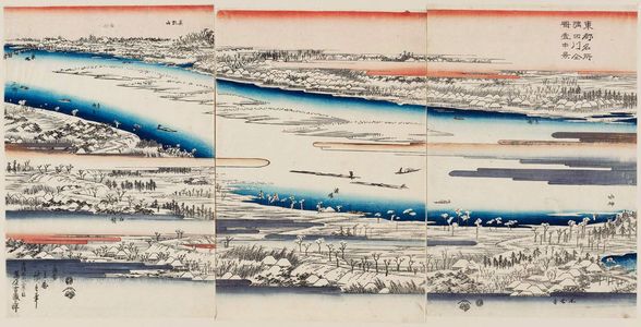 歌川広重: Complete View of the Sumida River: Snow Scene (Sumidagawa zenzu, setchû kei), from the series Famous Places in the Eastern Capital (Tôto meisho) - ボストン美術館