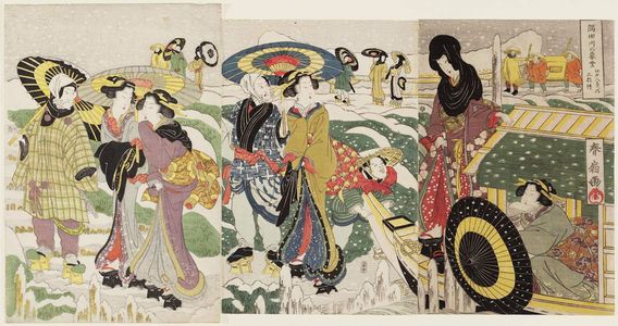 勝川春好: Twilight Snow on the Sumida River (Sumidagawa no bosetsu), from the series Eight Views of Edo in Triptychs (Edo hakkei no uchi, sanmaitsuzuki) - ボストン美術館