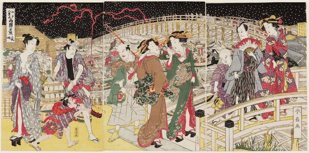 Katsukawa Shunko: Sunset Glow at Ryôgoku Bridge (Ryôgoku no sekishô), from the series Eight Views of Edo in Triptychs (Edo hakkei no uchi, sanmaitsuzuki) - Museum of Fine Arts
