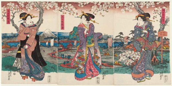 Keisai Eisen: Cherry blossoms in full bloom on the banks of the Sumida River (Sumidagawa-zutsumi sakura-zakari) - Museum of Fine Arts