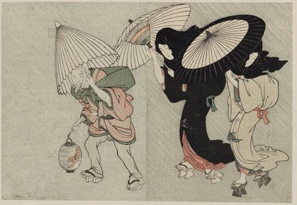 喜多川歌麿: Two Geisha and Porter in Wind and Rain at Night, from Vol. 2 of the book Ehon shiki no hana (Flowers of the Four Seasons) - ボストン美術館