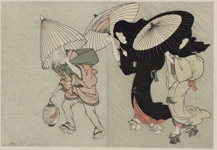 Kitagawa Utamaro: Two Geisha and Porter in Wind and Rain at Night, from Vol. 2 of the book Ehon shiki no hana (Flowers of the Four Seasons) - Museum of Fine Arts