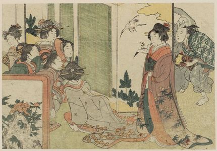 Kitagawa Utamaro: Manzai Performance at a Mansion, from Vol. 1 of the book Ehon shiki no hana (Flowers of the Four Seasons) - Museum of Fine Arts